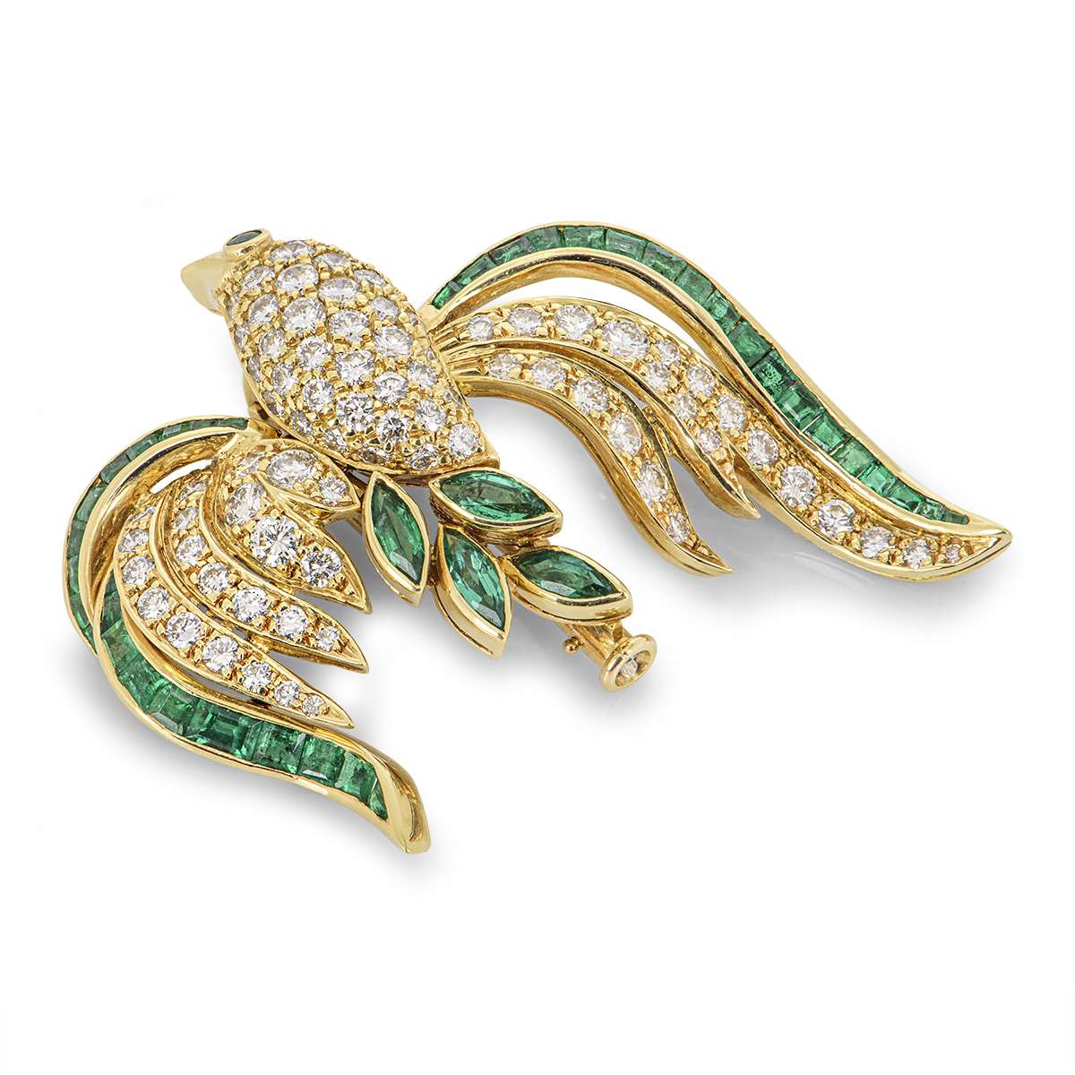 Yellow Gold Diamond & Emerald Bird Brooch